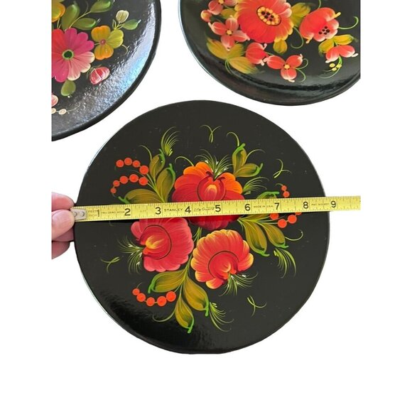 Russian Signed HandPainted Black Lacquer Floral Wall Plates Set Of 3 - 8, 9, 10" - Picture 2 of 7